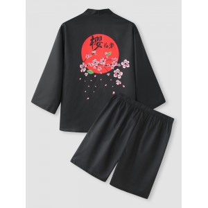 Mens Cherry Blossoms Character Back Print Kimono Loose Two Pieces Outfits