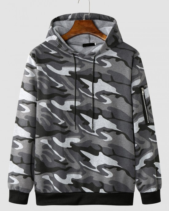 Men Camo Print Zipper Drawstring Bodycorn Hem Casual Hooded Sweatshirt