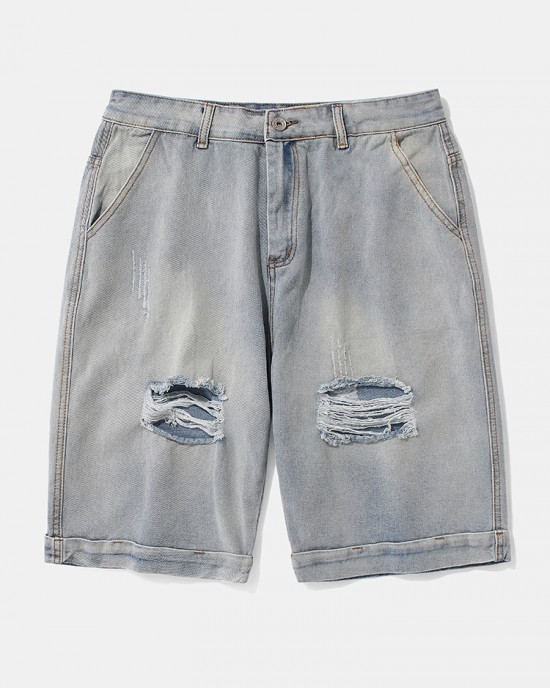 Mens Casual Hole Designed Denim Shorts