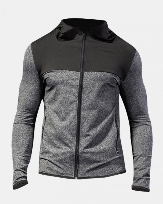 Men Contrast Colorblock Front Zip Long Sleeve Casual Hooded Sweatshirt