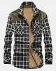 Mens Classic Plaid Piush Lined Long Sleeve Lapel Thick Vintage Shirt Jacket