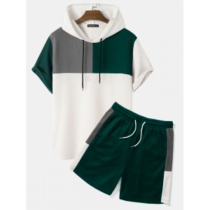 Mens Hooded Waffle Knit Color Block Patchwork Shirts Shorts Two Pieces Outfits