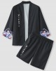 Mens Japanese Wave Print Open Front Kimono Loose Two Pieces Outfits