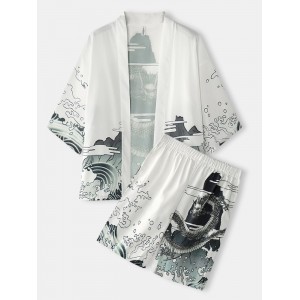 Mens Kimono Loong Pattern Chinoiserie Dragon Two Piece Outfits