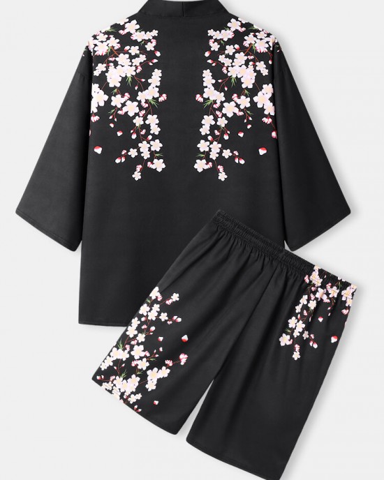 Mens Floral Print Open Front Kimono Loose Two Pieces Outfits