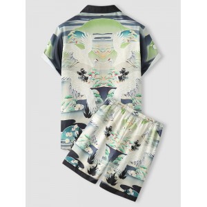 Mens Crane Landscape Print Contrast Trim Holiday Two Pieces Outfits