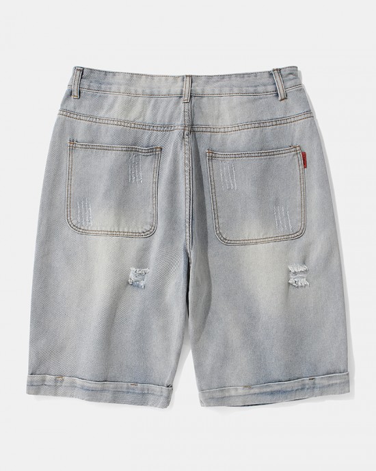 Mens Casual Hole Designed Denim Shorts