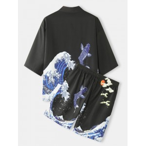 Mens Kimono Waves   Cap Pattern Japanese Elastic Waist Two Piece Outfits