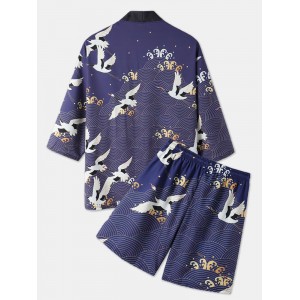 Mens Kimono Ethnic Style Crane Print Open Front Casual Two Pieces Outfits