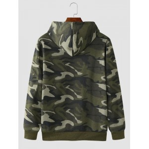 Men Camo Print Zipper Drawstring Bodycorn Hem Casual Hooded Sweatshirt