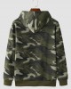 Men Camo Print Zipper Drawstring Bodycorn Hem Casual Hooded Sweatshirt