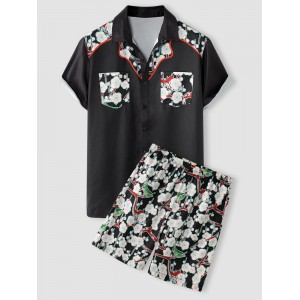 Mens Floral Print Double Pocket Button Up Holiday Two Pieces Outfits