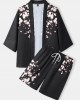 Mens Floral Print Open Front Kimono Loose Two Pieces Outfits