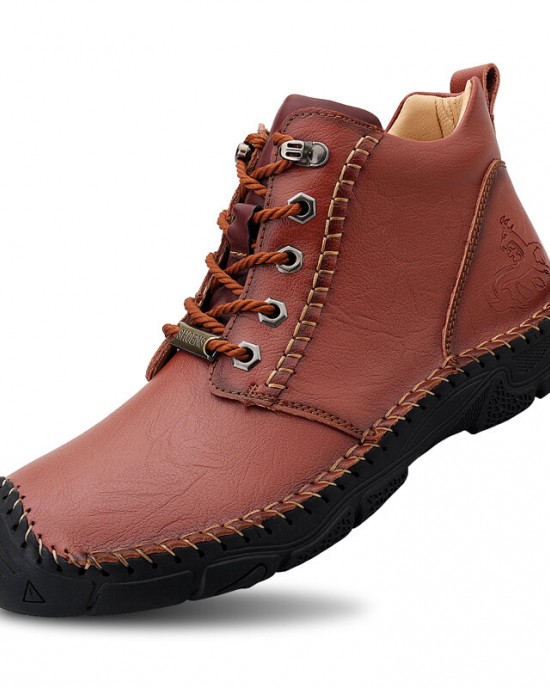 Men Pure Color Toe Protected Hand Stitching Leather Ankle Boots