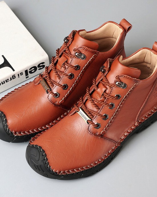 Men Pure Color Toe Protected Hand Stitching Leather Ankle Boots