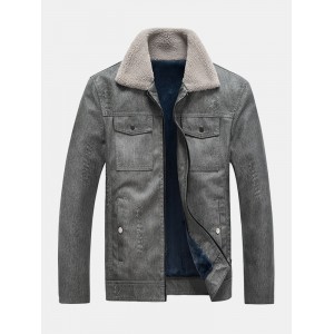 Men Leather Plus Velvets Lapel Pockets Pure Motorcycle Jackets