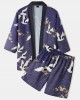 Mens Kimono Ethnic Style Crane Print Open Front Casual Two Pieces Outfits