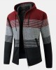 Mens Stripe Colorblock Knitted Fleece Lined Warm Hooded Cardigans With Pocket