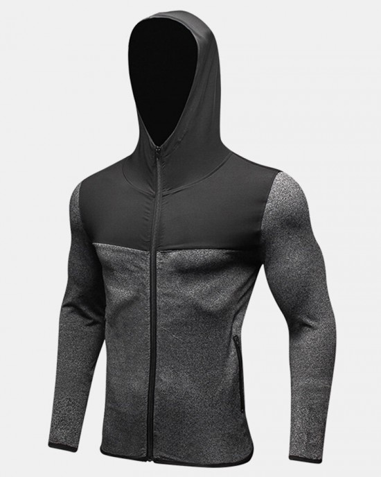 Men Contrast Colorblock Front Zip Long Sleeve Casual Hooded Sweatshirt