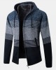 Mens Stripe Colorblock Knitted Fleece Lined Warm Hooded Cardigans With Pocket