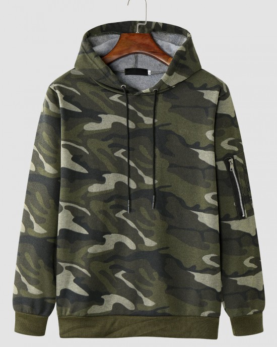 Men Camo Print Zipper Drawstring Bodycorn Hem Casual Hooded Sweatshirt