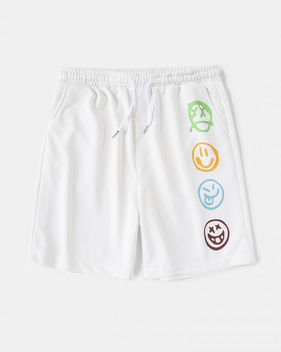 Mens Funny Smile Pattern Elastic Waist Casual Shorts