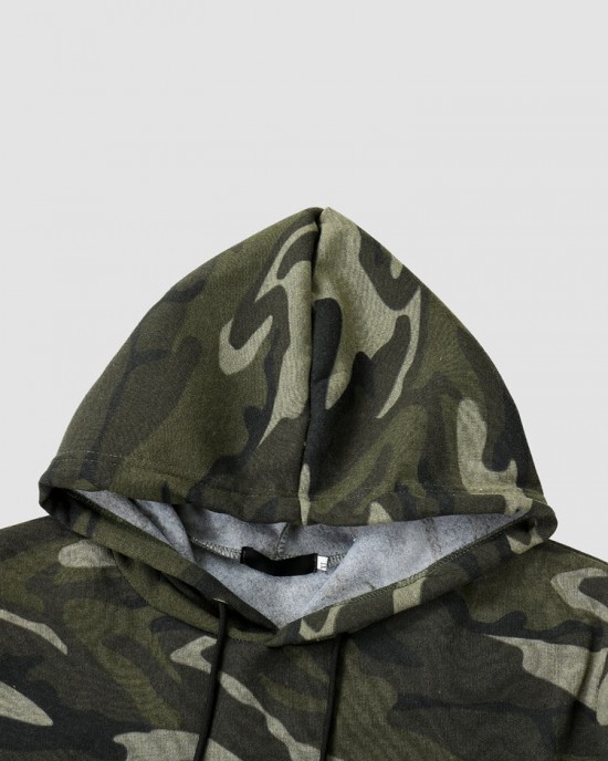 Men Camo Print Zipper Drawstring Bodycorn Hem Casual Hooded Sweatshirt