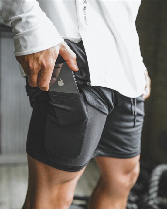 2  in  1 Men’s Running Shorts Double  deck Quick Drying Jogging Gym Short Pants with Phone Pocket